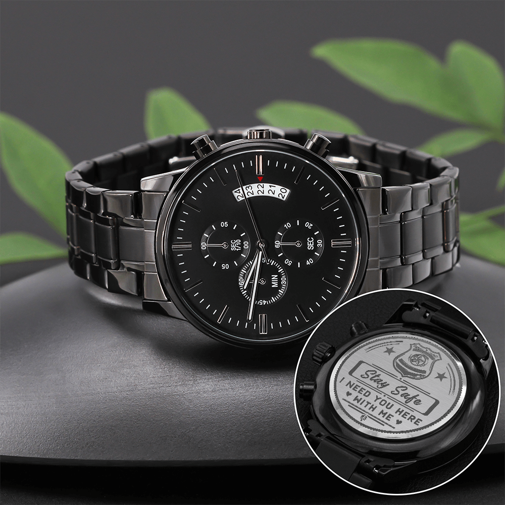 Stay Safe, Police — Engraved Black Chronograph Watch