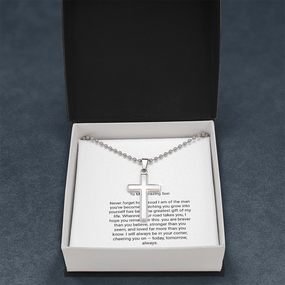To My Son — Artisan Cross Necklace with Message Card, Christmas Gift for Son from Parents