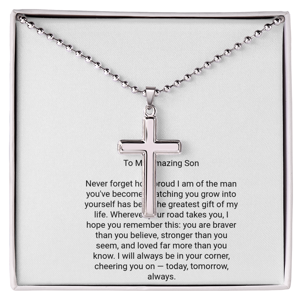 To My Son — Artisan Cross Necklace with Message Card, Christmas Gift for Son from Parents