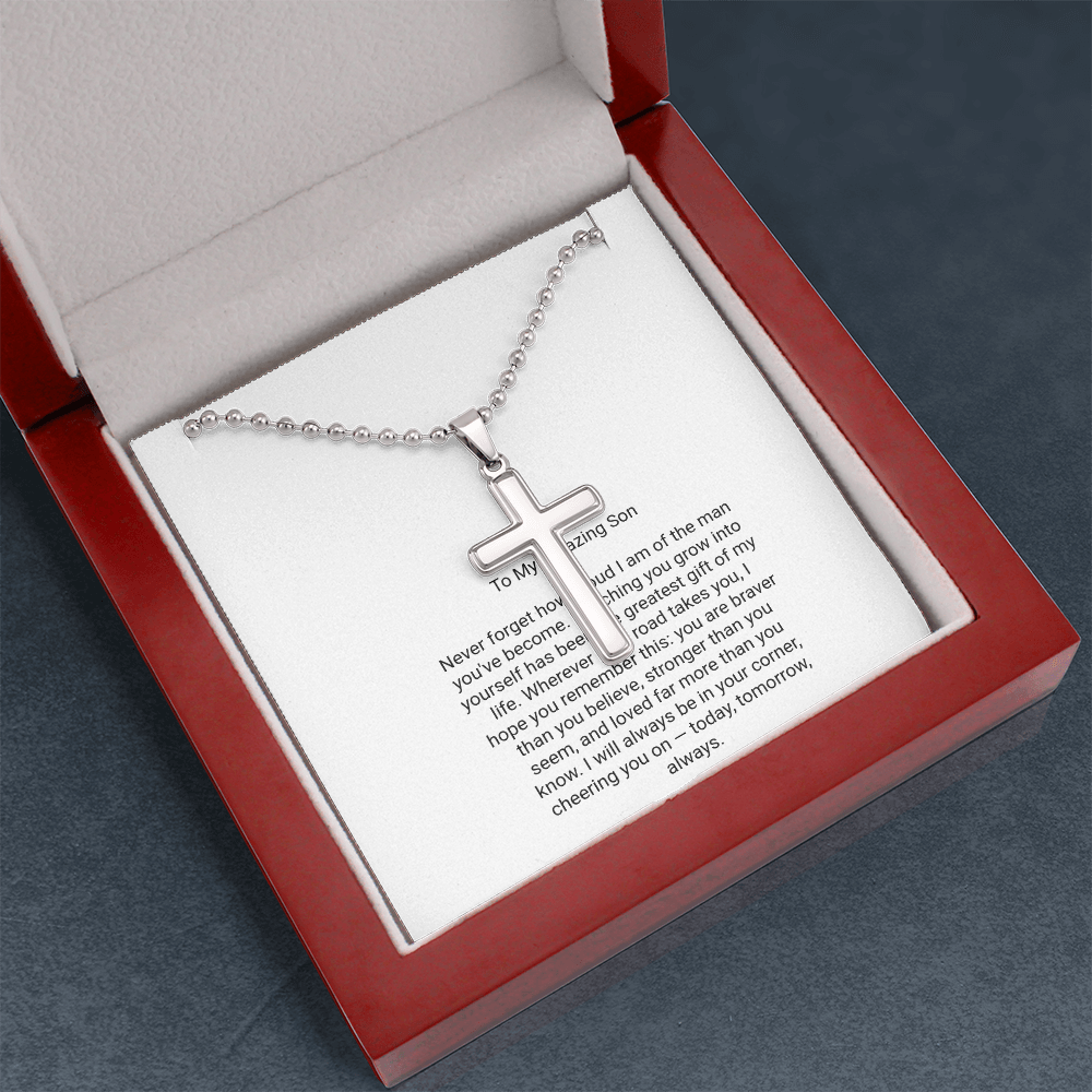 To My Son — Artisan Cross Necklace with Message Card, Christmas Gift for Son from Parents