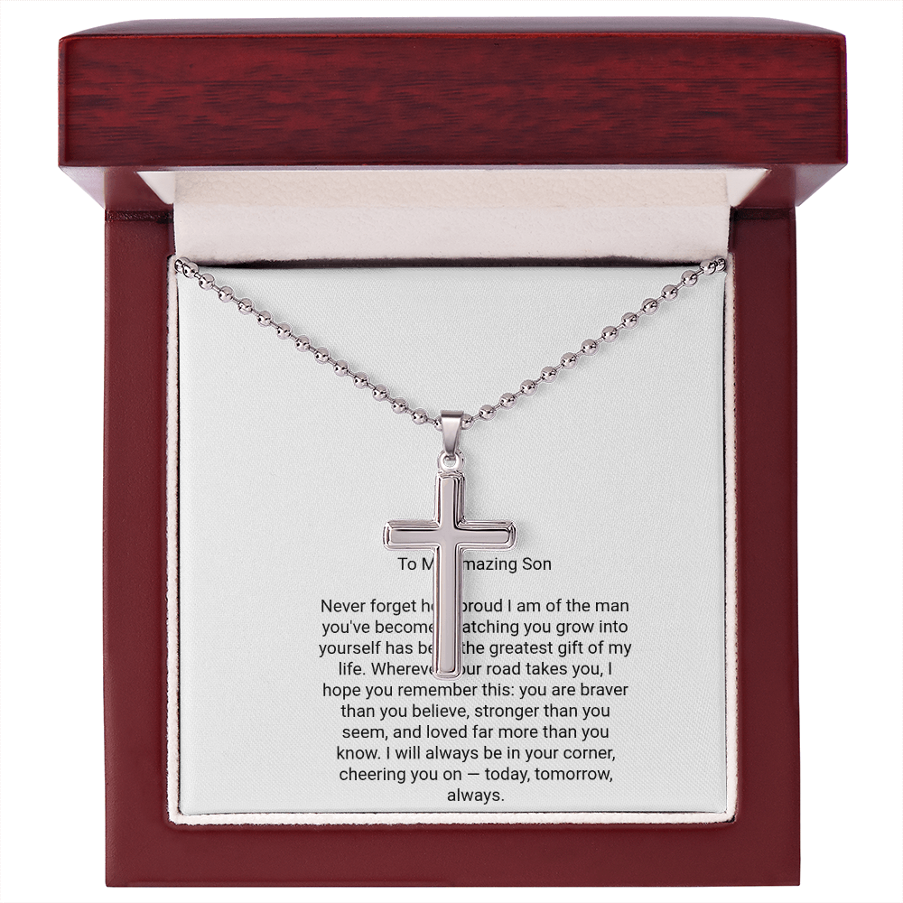 To My Son — Artisan Cross Necklace with Message Card, Christmas Gift for Son from Parents