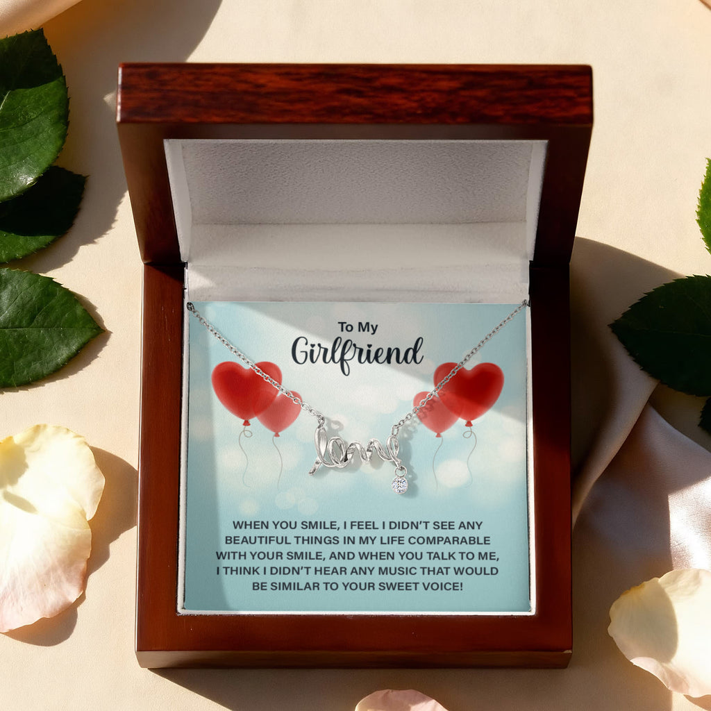 To My Girlfriend Scripted Love Necklace, Heart Balloons Card Gift