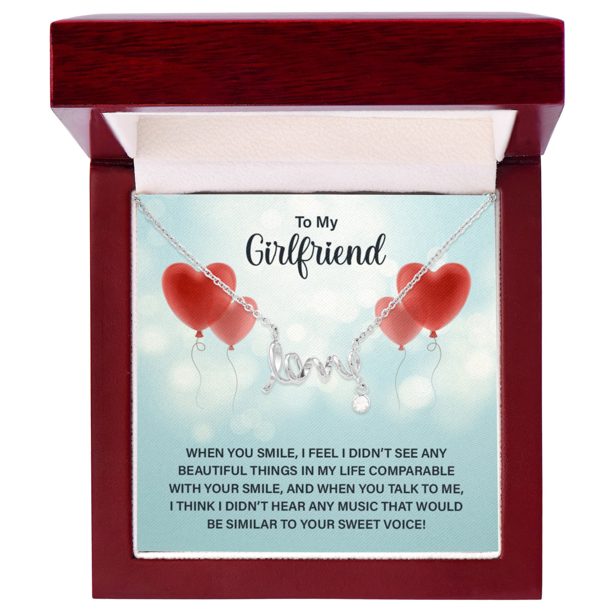 To My Girlfriend Scripted Love Necklace, Heart Balloons Card Gift