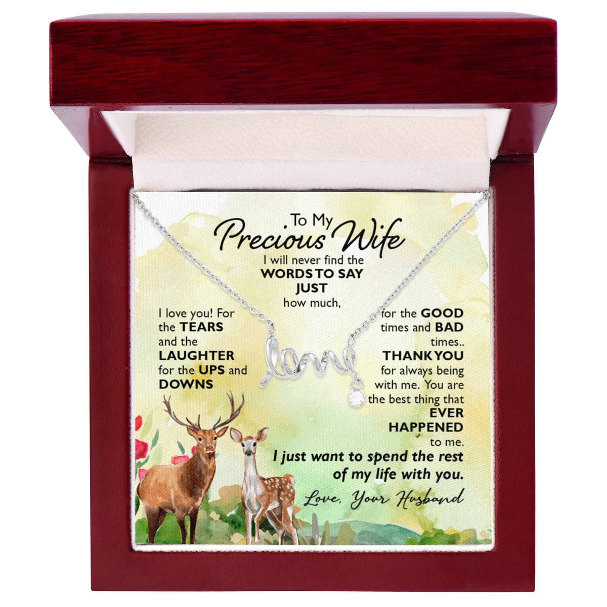To My Precious Wife Scripted Love Necklace, Deer Couple Card Gift