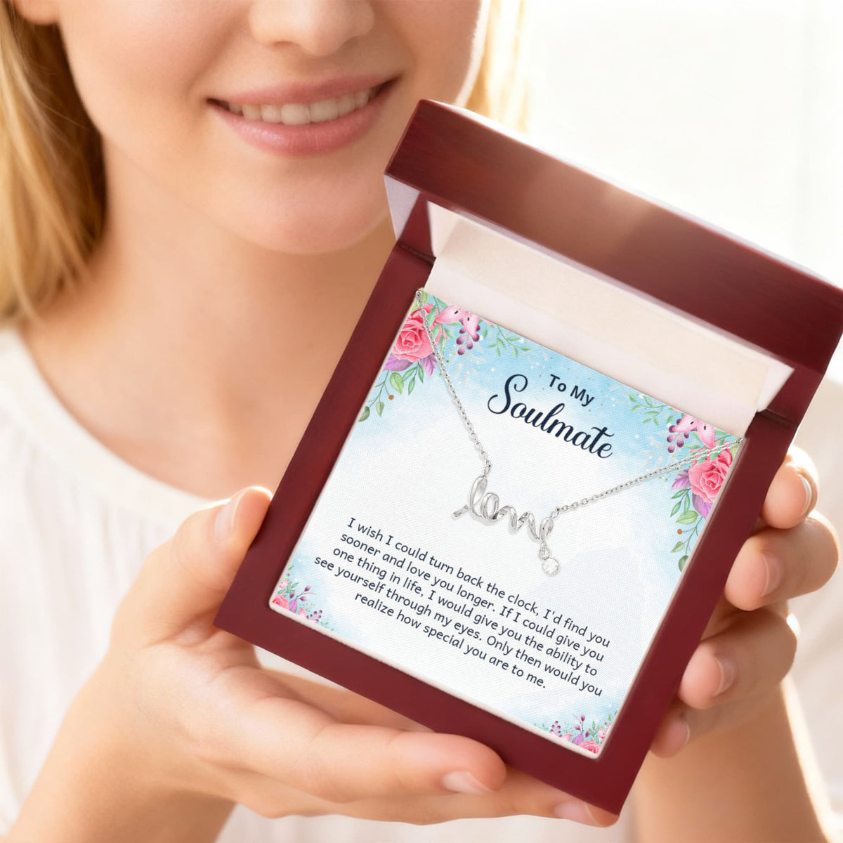 To My Soulmate Scripted Love Necklace, Floral Card Gift