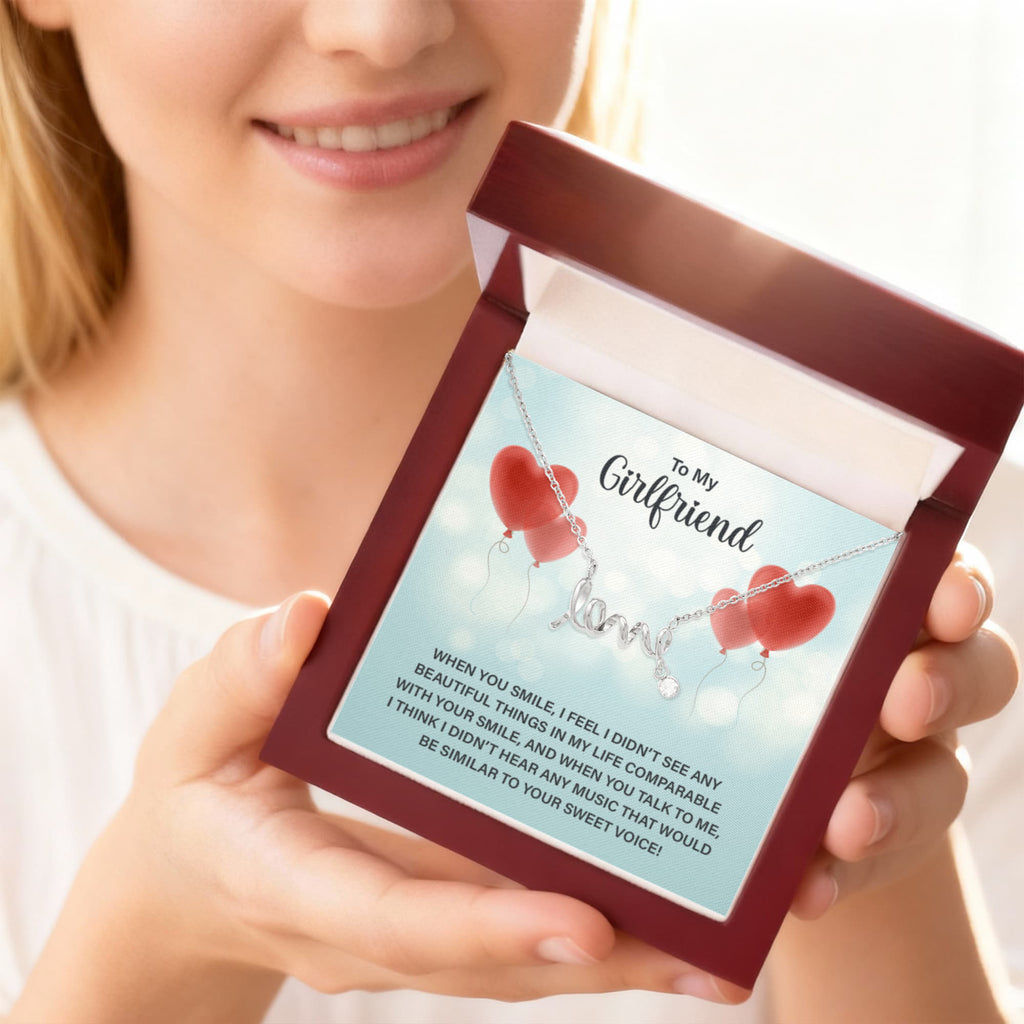 To My Girlfriend Scripted Love Necklace, Heart Balloons Card Gift
