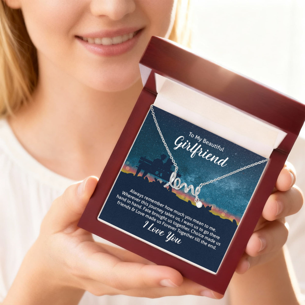 To My Beautiful Girlfriend Scripted Love Necklace, Starry Night Card Gift