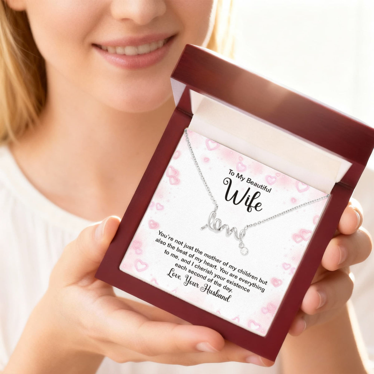 To My Beautiful Wife Scripted Love Necklace, Mother Of My Children Card Gift