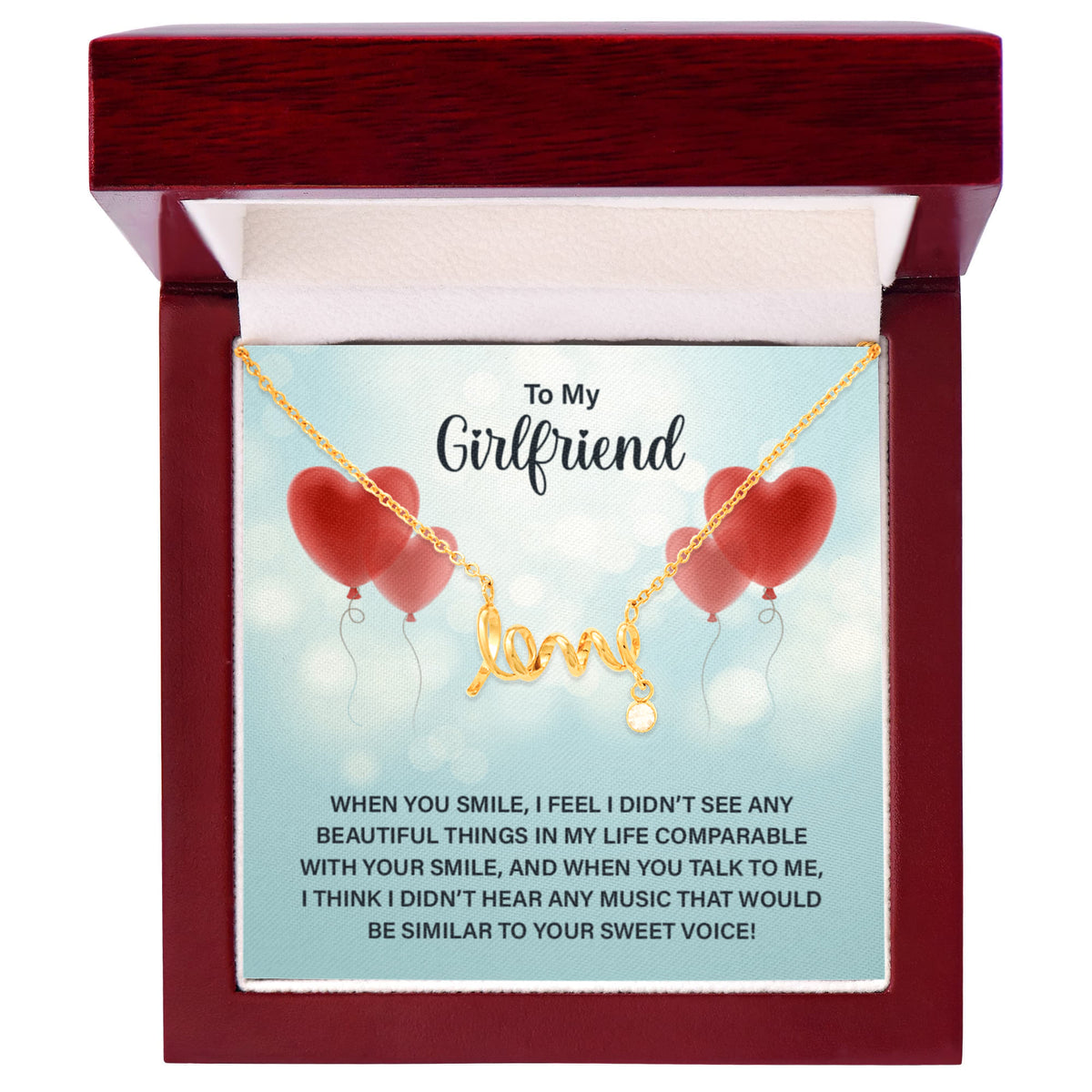 To My Girlfriend Scripted Love Necklace, Heart Balloons Card Gift