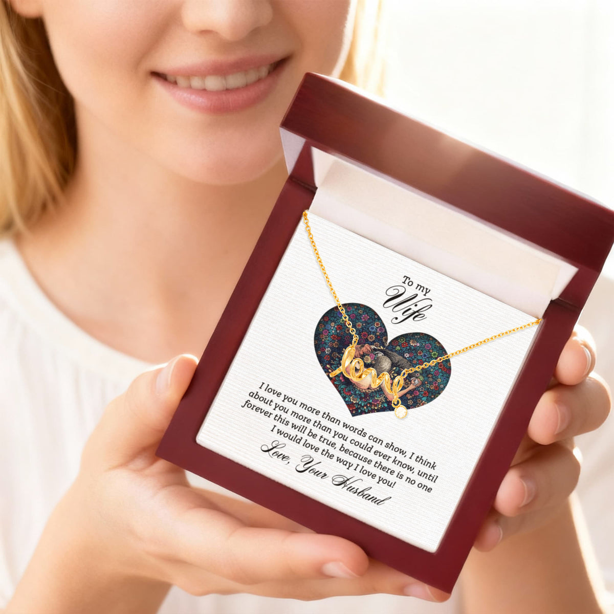 To My Wife Scripted Love Necklace, More Than Words Card Gift