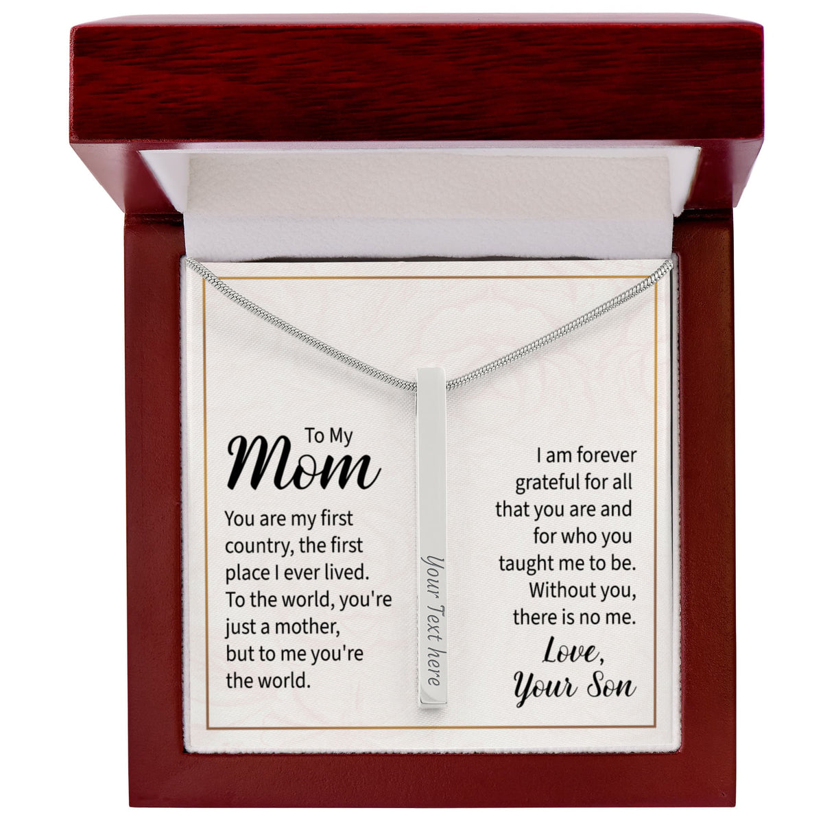To My Mom 4-Sided Stick Necklace - Engraved Bar Pendant with Gift Box, Christmas Gift for Mom