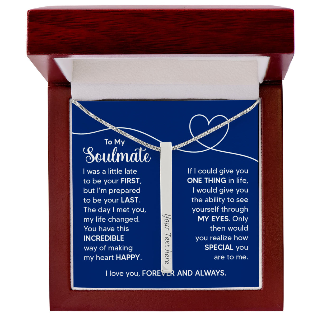 To My Soulmate 4-Sided Stick Necklace - Engraved Bar Pendant with Gift Box, Anniversary Gift for Soulmate
