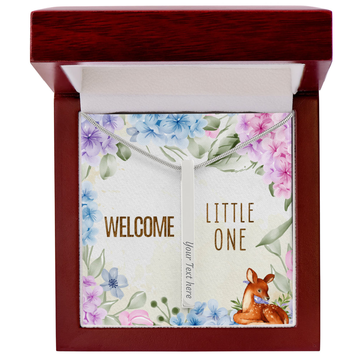 Welcome Little One 4-Sided Stick Necklace - Engraved Bar Pendant with Gift Box, New Baby Gift for Mom