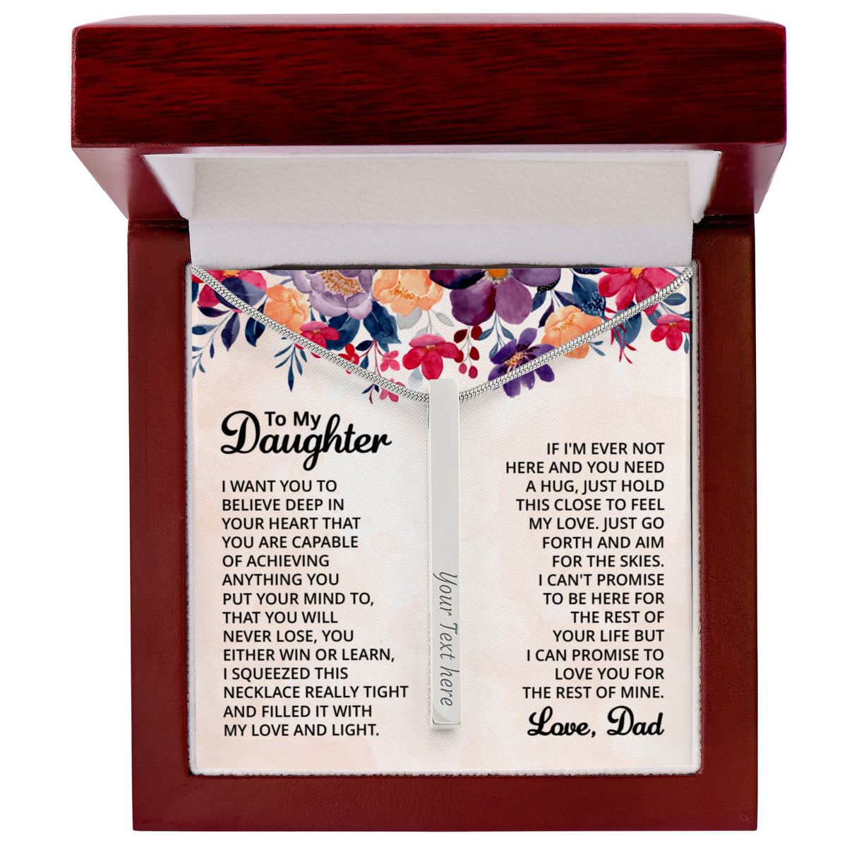To My Daughter 4-Sided Stick Necklace - Engraved Bar Pendant with Gift Box, Birthday Gift for Daughter