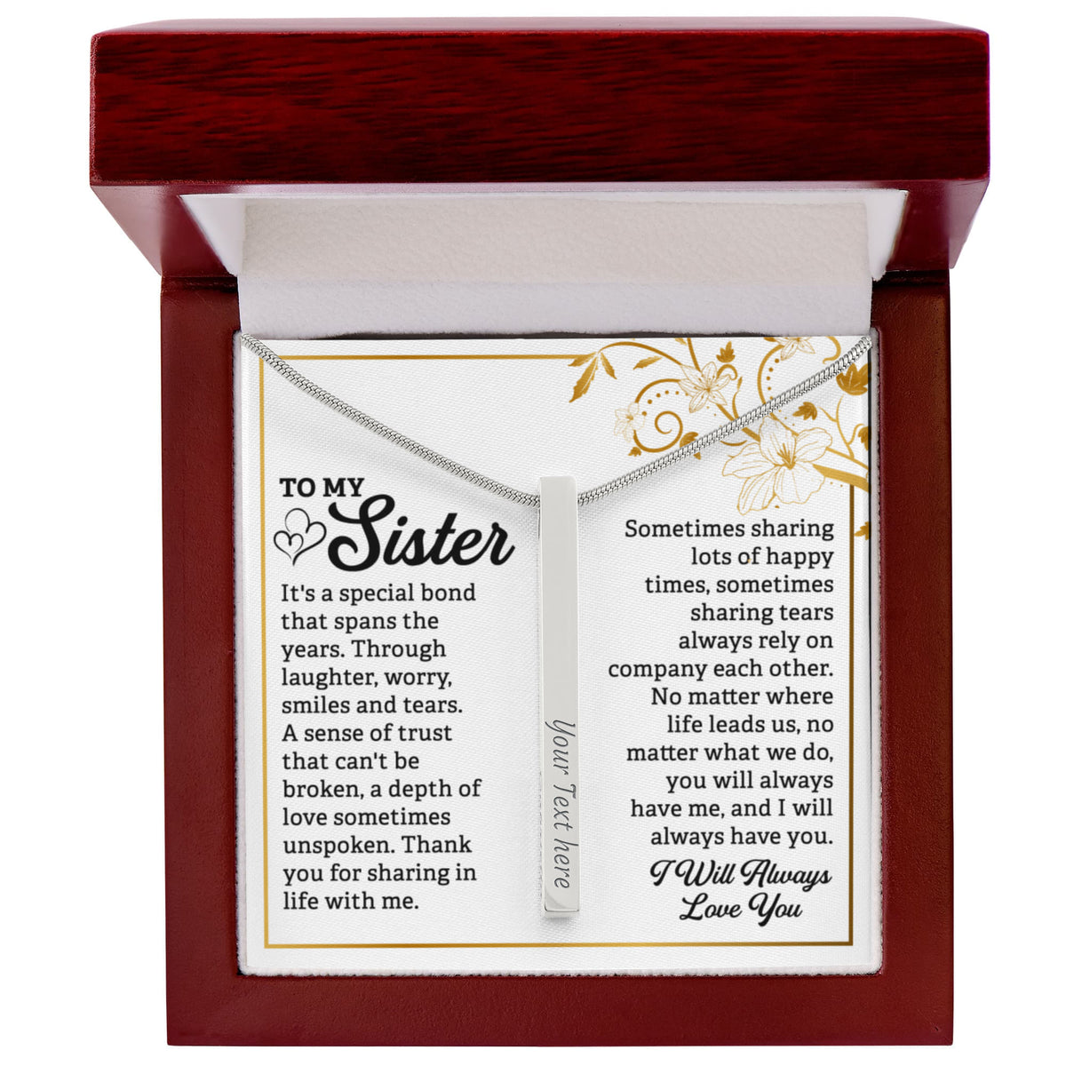 To My Sister 4-Sided Stick Necklace - Engraved Bar Pendant with Gift Box, Birthday Gift for Sister