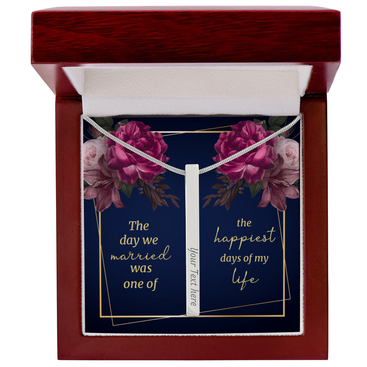 The Day We Married 4-Sided Stick Necklace - Engraved Bar Pendant with Gift Box, Wedding Anniversary Gift