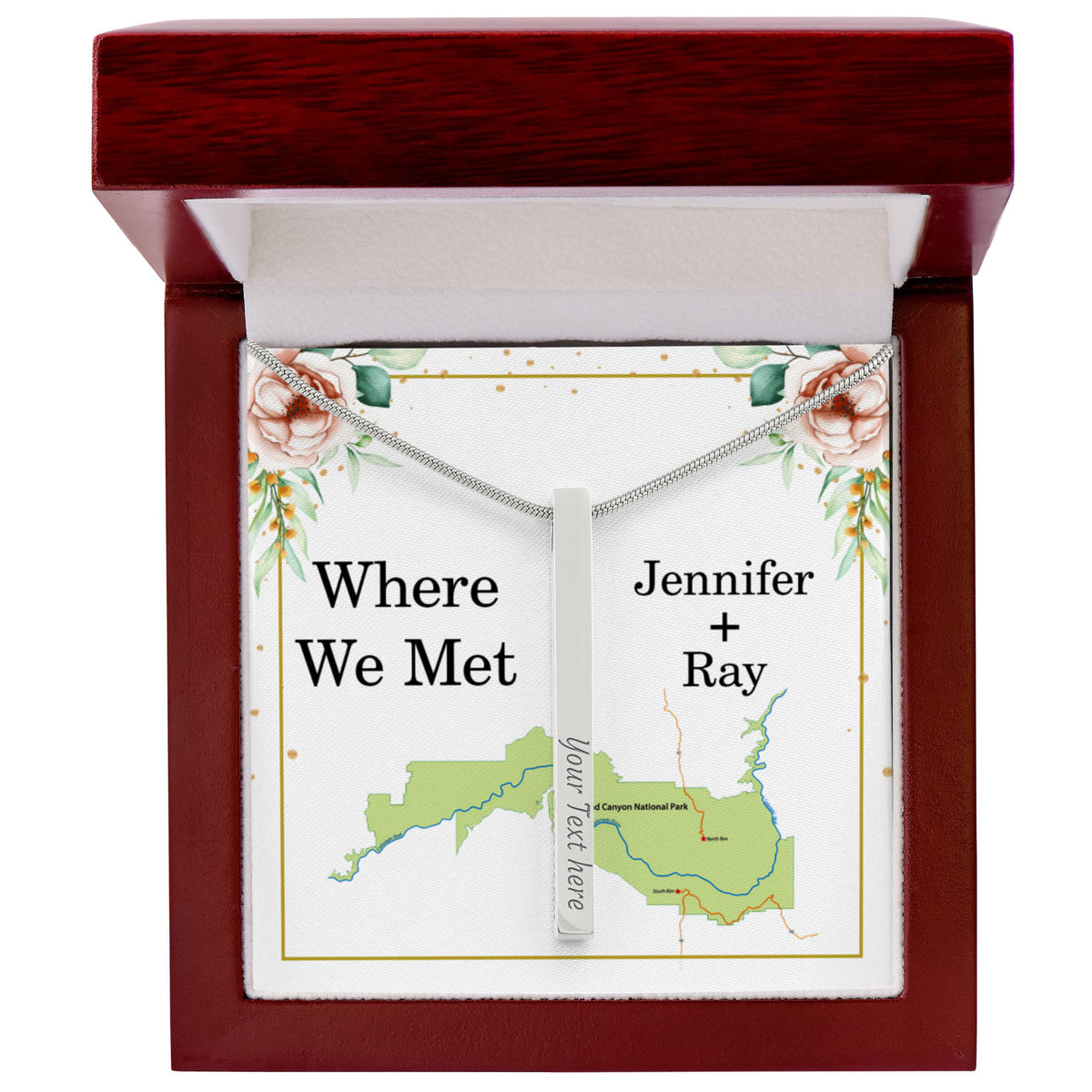 Where We Met 4-Sided Stick Necklace - Engraved Bar Pendant with Gift Box, Anniversary Gift for Couples