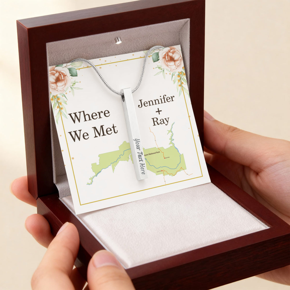 Where We Met 4-Sided Stick Necklace - Engraved Bar Pendant with Gift Box, Anniversary Gift for Couples