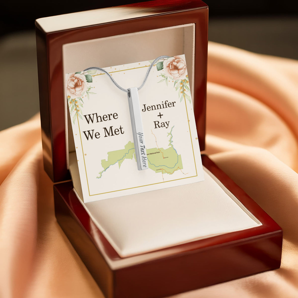 Where We Met 4-Sided Stick Necklace - Engraved Bar Pendant with Gift Box, Anniversary Gift for Couples