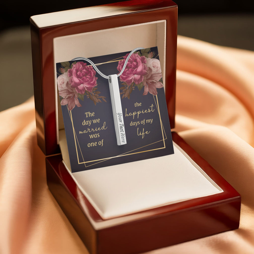 The Day We Married 4-Sided Stick Necklace - Engraved Bar Pendant with Gift Box, Wedding Anniversary Gift