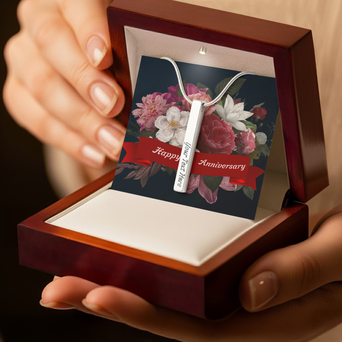 Happy Anniversary 4-Sided Stick Necklace - Engraved Bar Pendant with Gift Box, Anniversary Gift for Wife