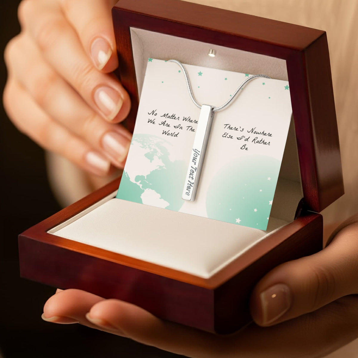 Nowhere Else I'd Rather Be 4-Sided Stick Necklace - Engraved Bar Pendant with Gift Box, Romantic Gift for Her
