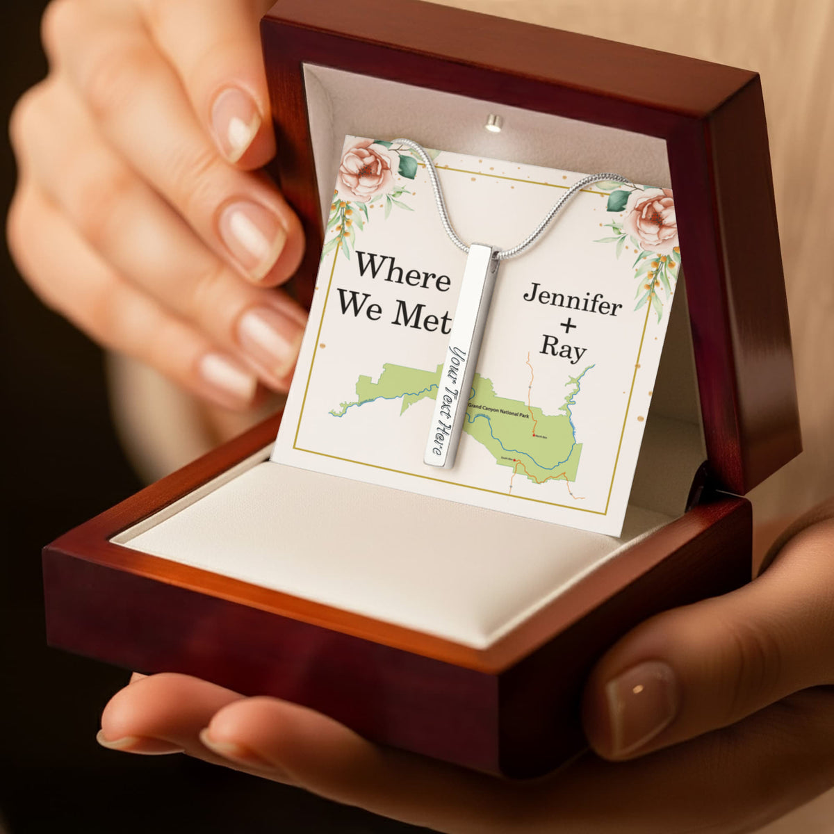 Where We Met 4-Sided Stick Necklace - Engraved Bar Pendant with Gift Box, Anniversary Gift for Couples