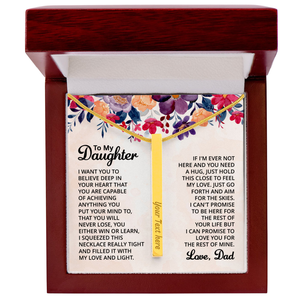 To My Daughter 4-Sided Stick Necklace - Engraved Bar Pendant with Gift Box, Birthday Gift for Daughter