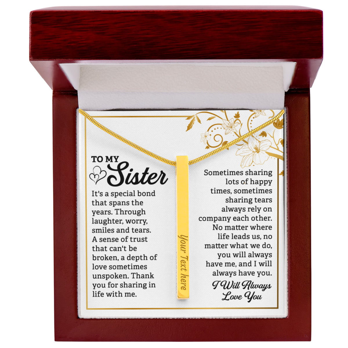 To My Sister 4-Sided Stick Necklace - Engraved Bar Pendant with Gift Box, Birthday Gift for Sister