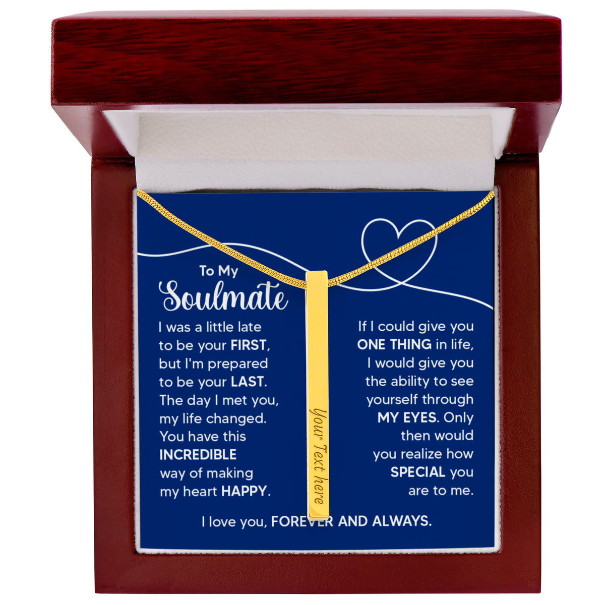 To My Soulmate 4-Sided Stick Necklace - Engraved Bar Pendant with Gift Box, Anniversary Gift for Soulmate