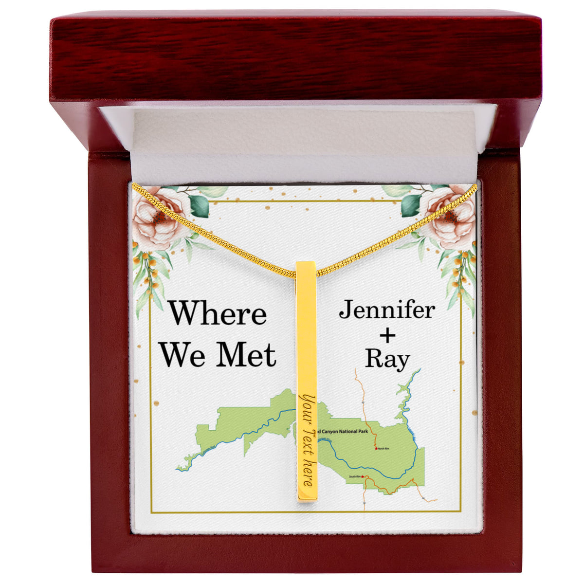 Where We Met 4-Sided Stick Necklace - Engraved Bar Pendant with Gift Box, Anniversary Gift for Couples