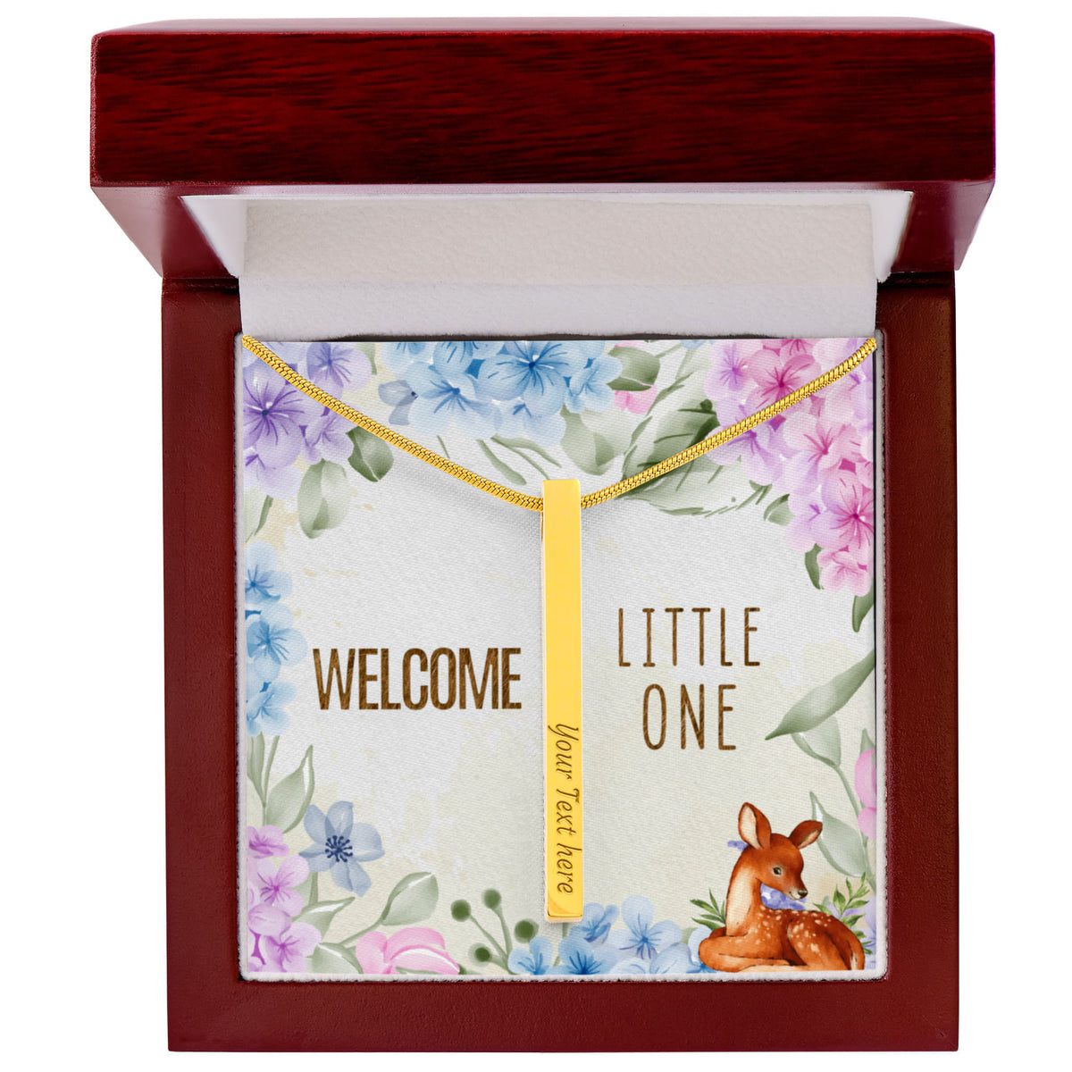 Welcome Little One 4-Sided Stick Necklace - Engraved Bar Pendant with Gift Box, New Baby Gift for Mom