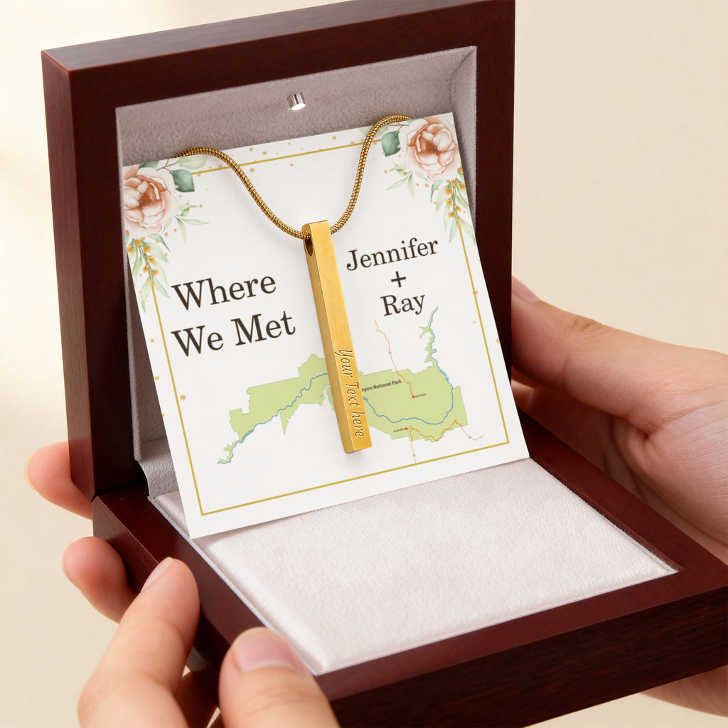 Where We Met 4-Sided Stick Necklace - Engraved Bar Pendant with Gift Box, Anniversary Gift for Couples