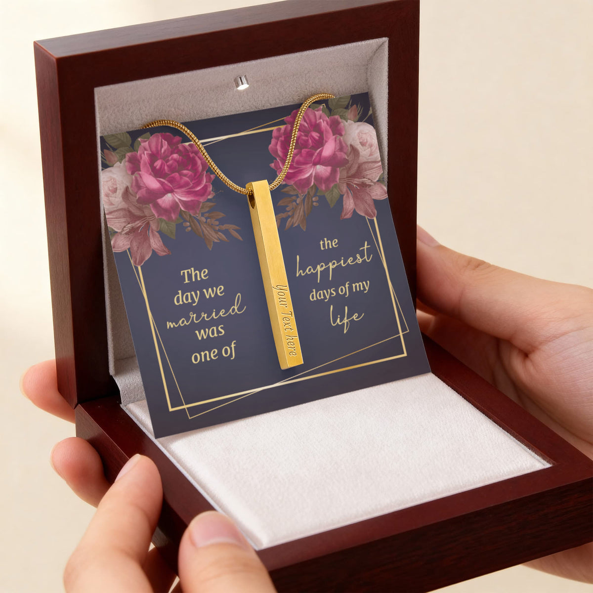 The Day We Married 4-Sided Stick Necklace - Engraved Bar Pendant with Gift Box, Wedding Anniversary Gift