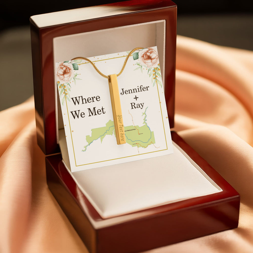 Where We Met 4-Sided Stick Necklace - Engraved Bar Pendant with Gift Box, Anniversary Gift for Couples