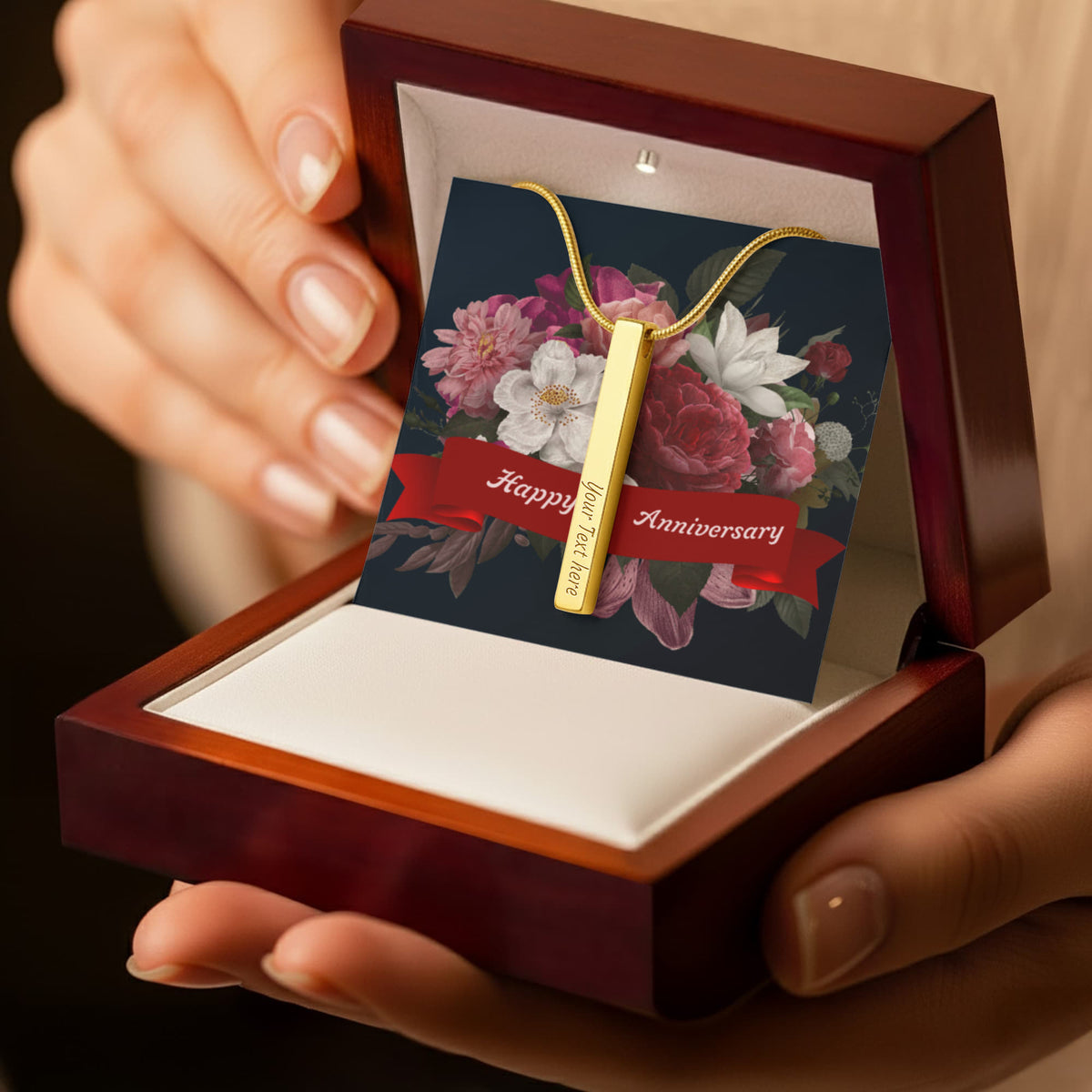 Happy Anniversary 4-Sided Stick Necklace - Engraved Bar Pendant with Gift Box, Anniversary Gift for Wife