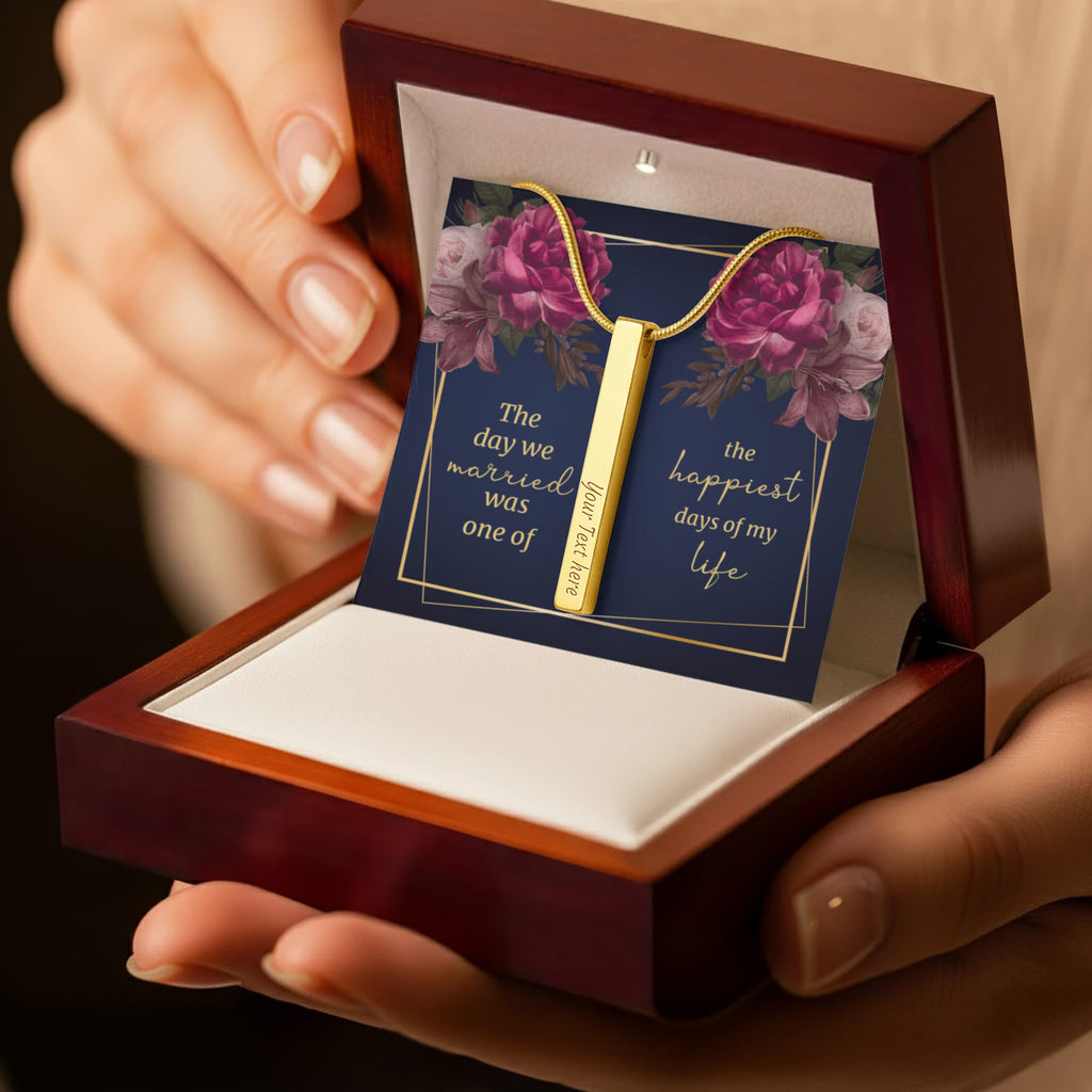 The Day We Married 4-Sided Stick Necklace - Engraved Bar Pendant with Gift Box, Wedding Anniversary Gift