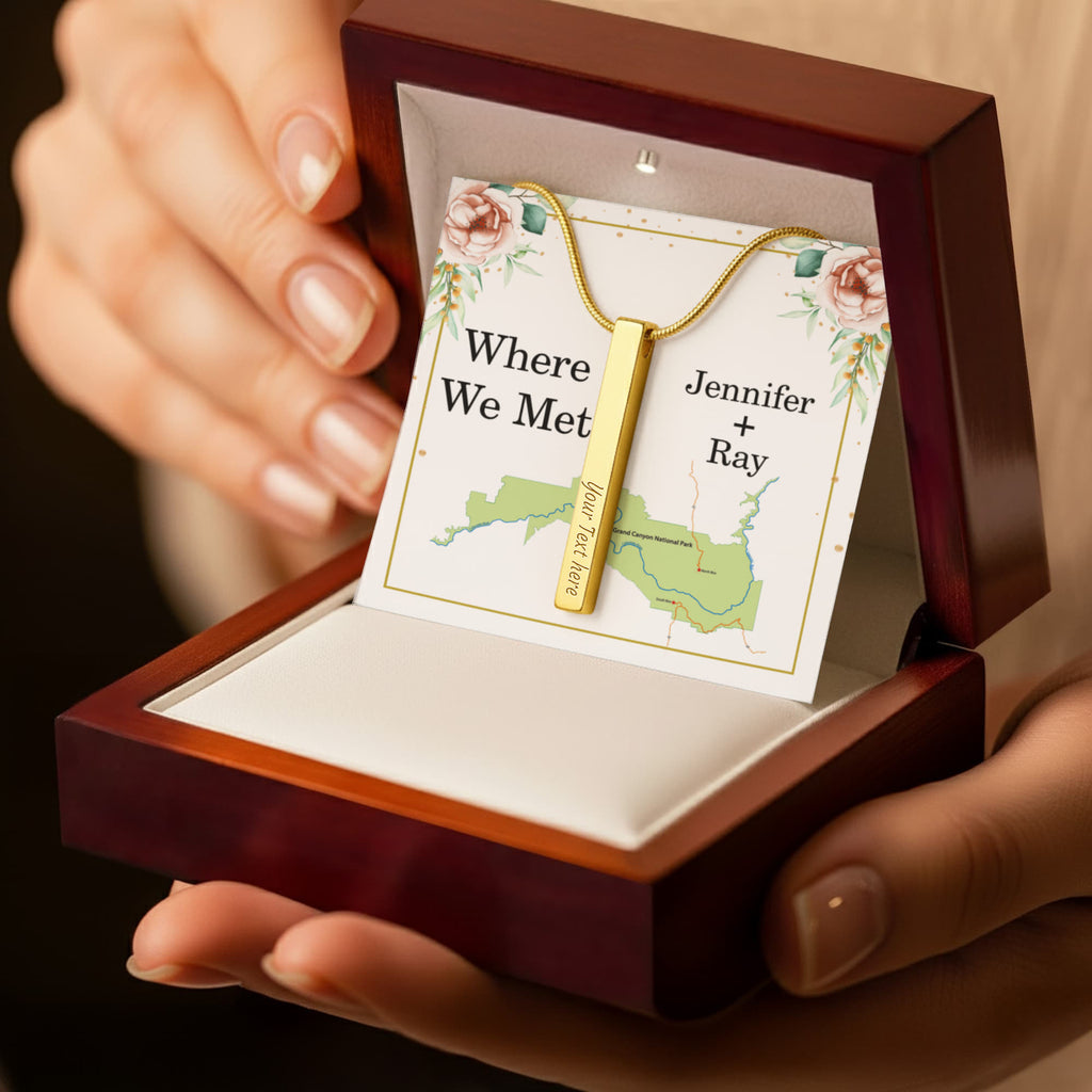 Where We Met 4-Sided Stick Necklace - Engraved Bar Pendant with Gift Box, Anniversary Gift for Couples