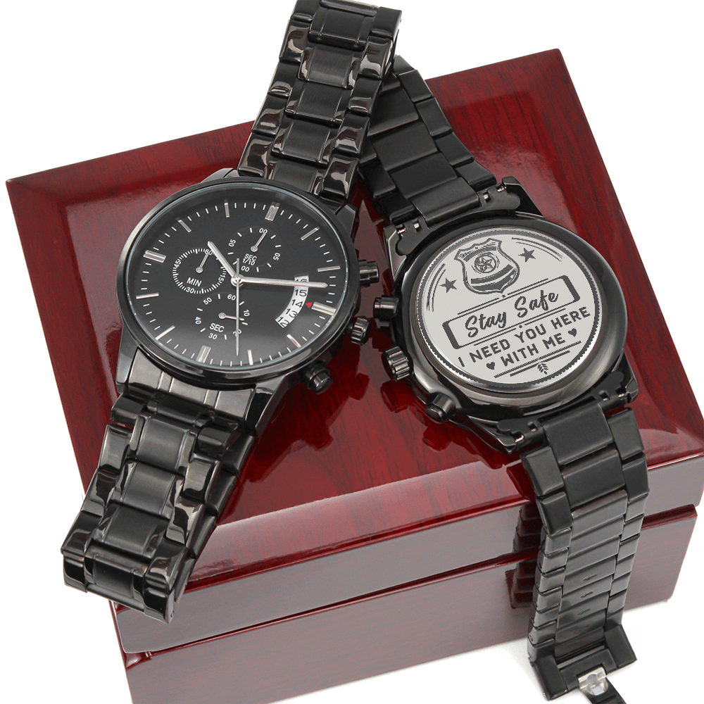 Stay Safe, Police — Engraved Black Chronograph Watch