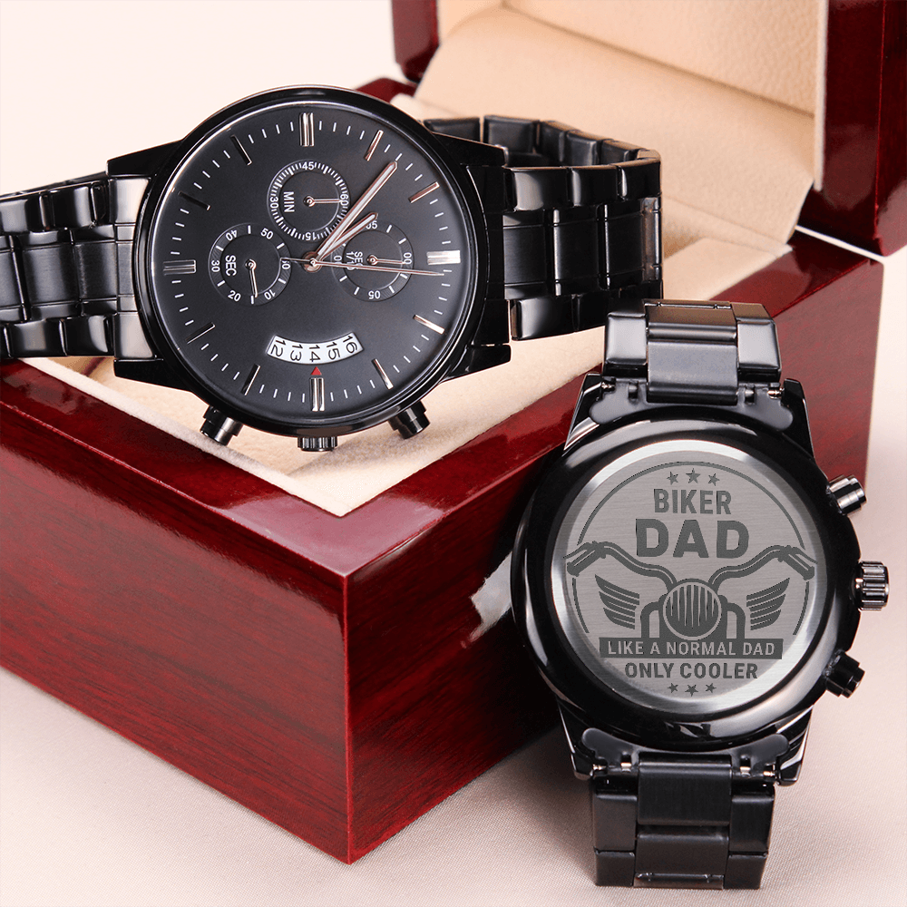 Biker Dad — Engraved Black Chronograph Watch