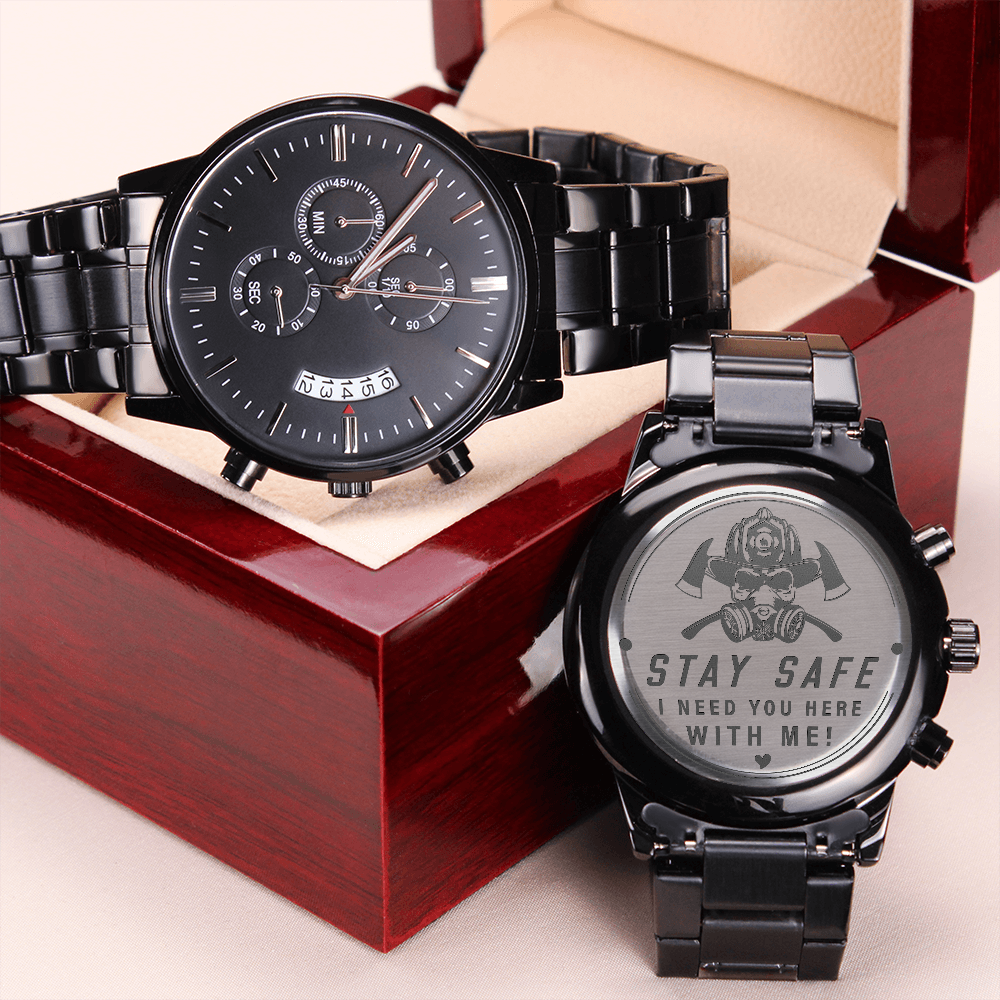 Stay Safe, Firefighter — Engraved Black Chronograph Watch