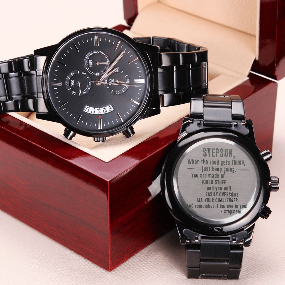 Stepson, When The Road Gets Tough — Engraved Black Chronograph Watch