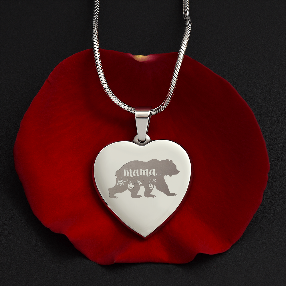 Mama Bear Engraved Heart Pendant Necklace - Engraved Heart Pendant with Gift Box, Mother's Day Gift for Mom