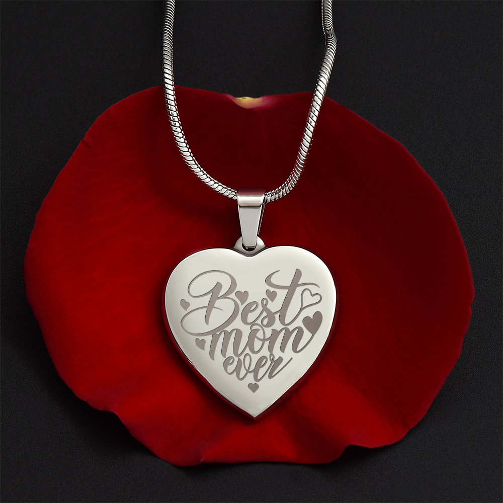 Best Mom Ever Engraved Heart Pendant Necklace - Engraved Heart Pendant with Gift Box, Mother's Day Gift for Mom