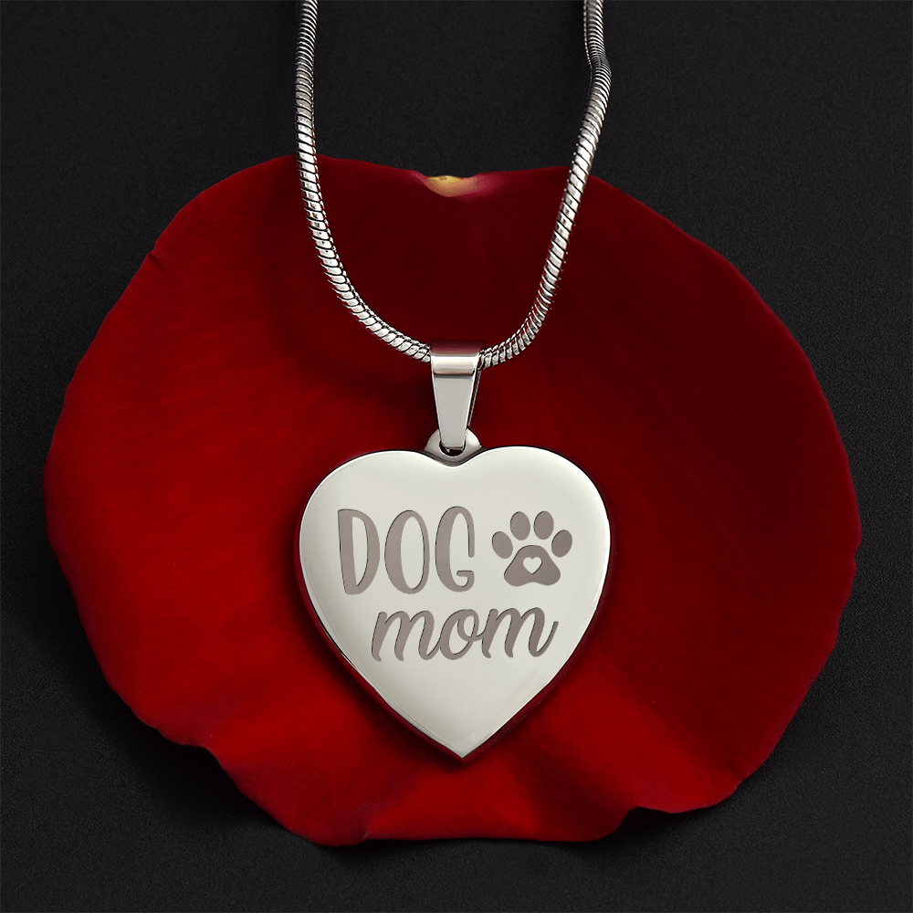 Dog Mom Engraved Heart Pendant Necklace - Engraved Heart Pendant with Gift Box, Gift for Dog Lovers