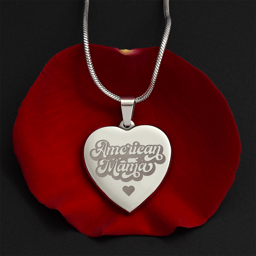 American Mama Engraved Heart Pendant Necklace - Engraved Heart Pendant with Gift Box, Patriotic Gift for Mom