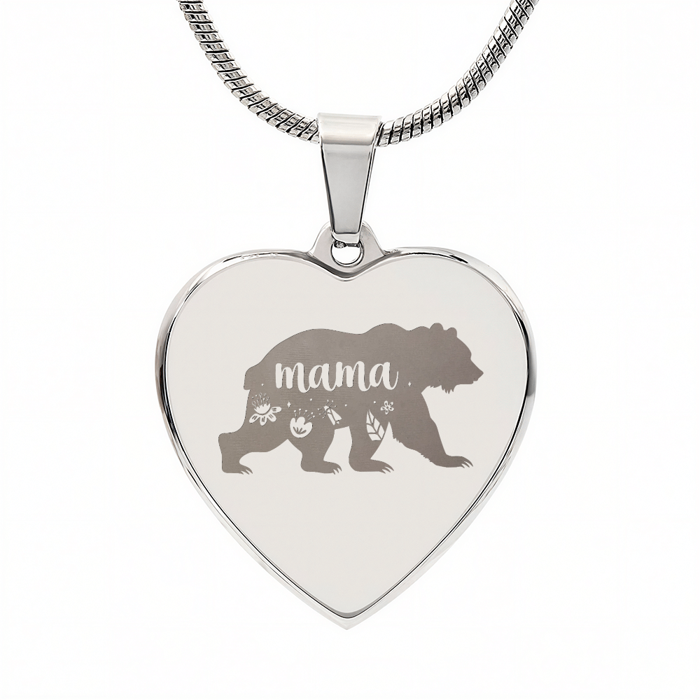Mama Bear Engraved Heart Pendant Necklace - Engraved Heart Pendant with Gift Box, Mother's Day Gift for Mom