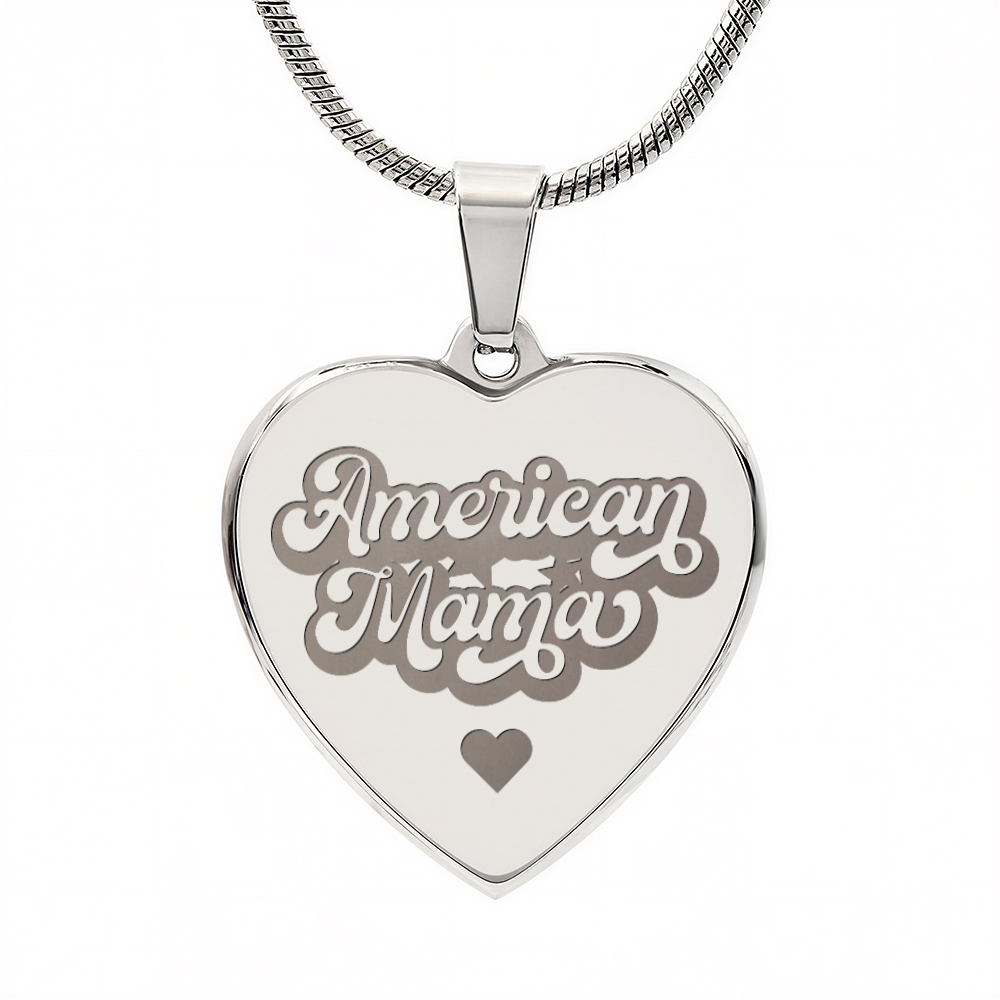 American Mama Engraved Heart Pendant Necklace - Engraved Heart Pendant with Gift Box, Patriotic Gift for Mom