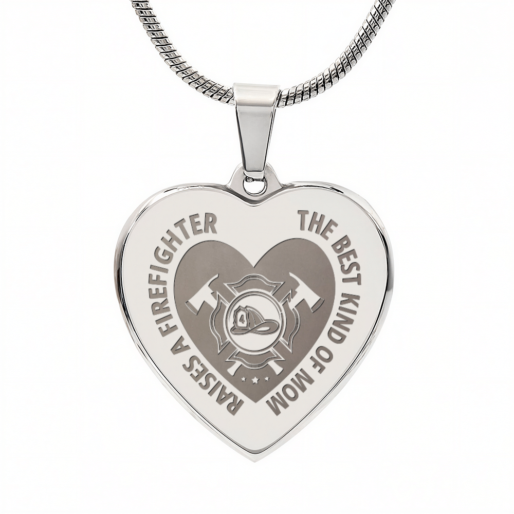Best Kind Of Mom Raises A Firefighter Engraved Heart Pendant Necklace - Engraved Heart Pendant with Gift Box, Gift for Firefighter Mom
