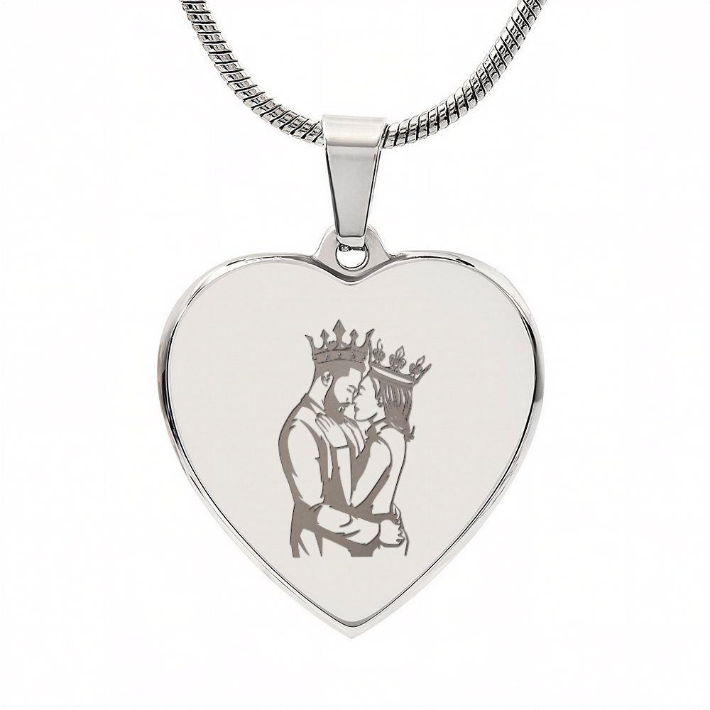 King and Queen Couple Engraved Heart Pendant Necklace - Engraved Heart Pendant with Gift Box, Anniversary Gift for Couples